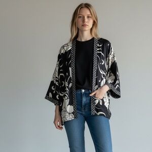 NWT Chico’s Navy White Covering Ruana Short Kimono Women’s Sz L/XL